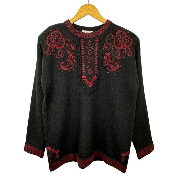 Susan Bristol Sweaters - Vintage Susan Bristol Hand Embroidered Sweater Womens Med/EU 38 Black Red Wool‎